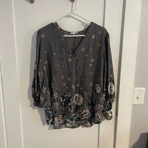 Floral V-Neck Blouse - Gray